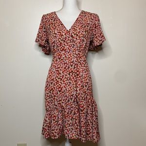 SHEIN Dress Red Ditsy Floral Surplice Neckline Asymmetrical Hem Ruffle 4